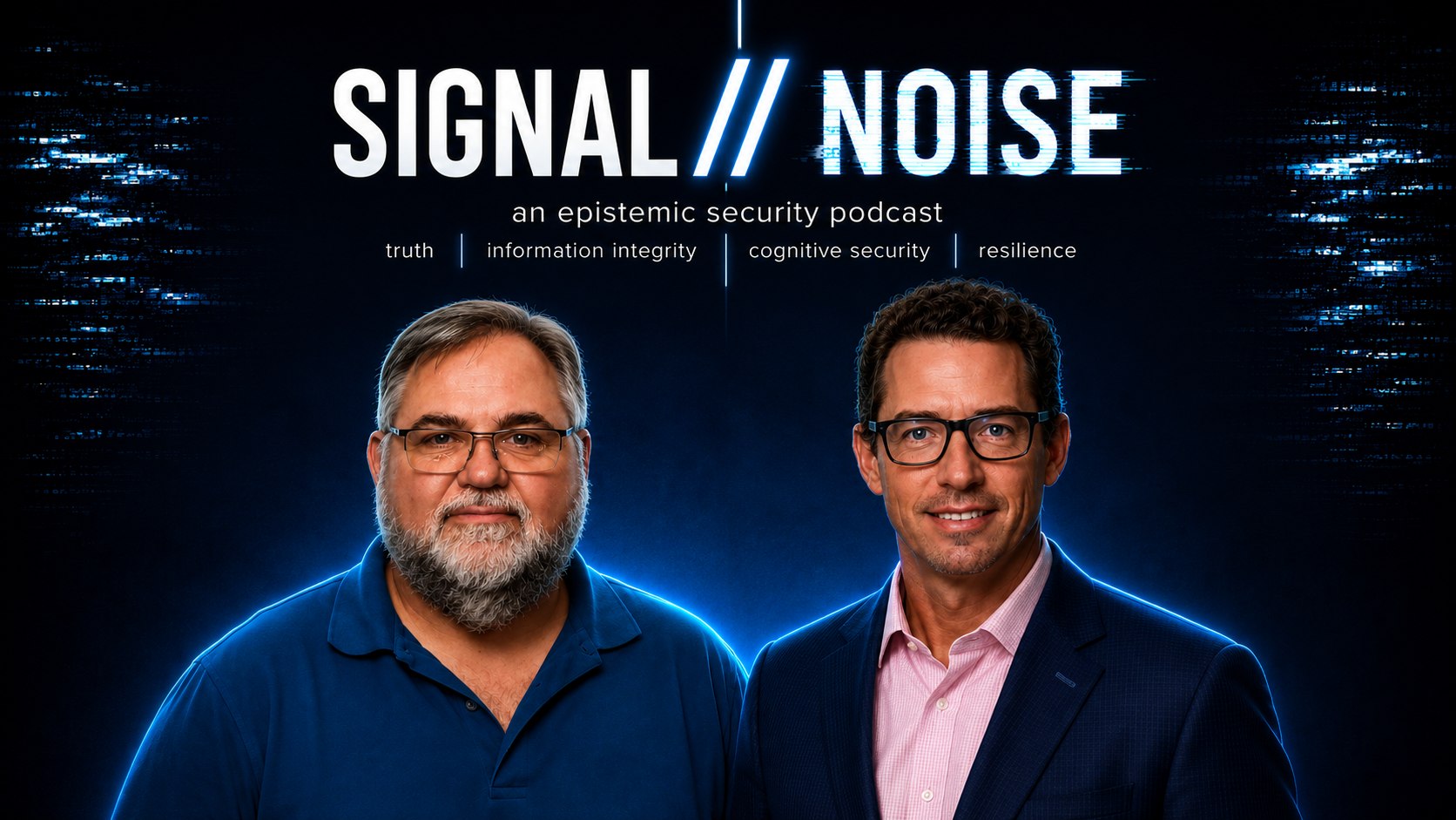 Signal // Noise hosts photographed against the show's glitch backdrop.